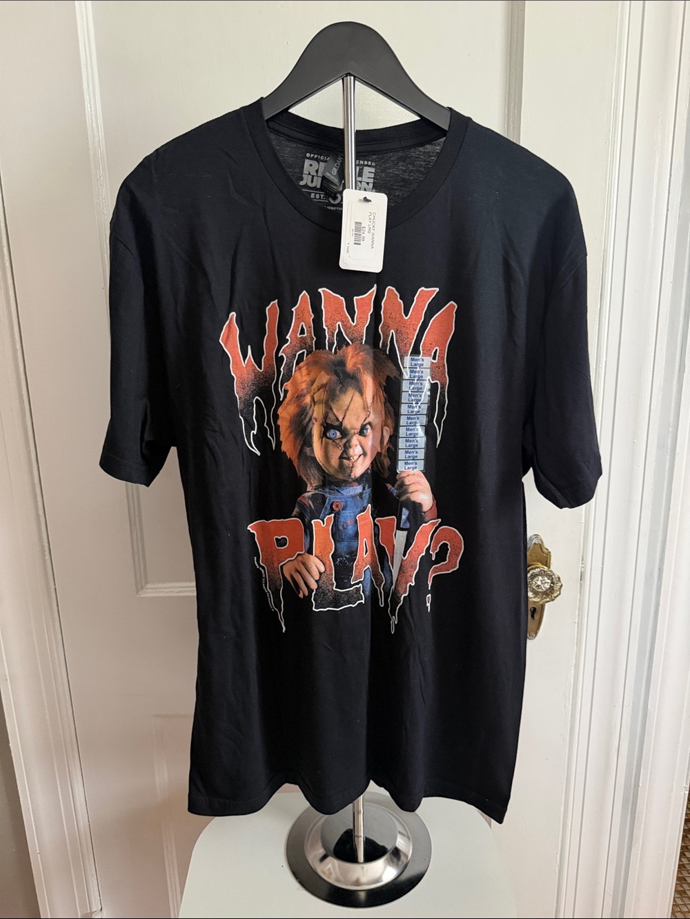 Gildan Black Chucky 'WANNA PLAY?' Graphic Tee with Orange Red Print